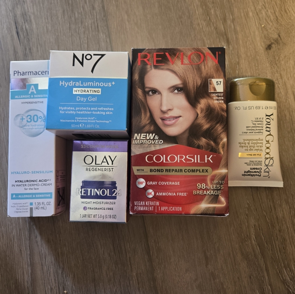 A collection of 5 beauty products, including Pharmaceris, No.7, Olay Retinol